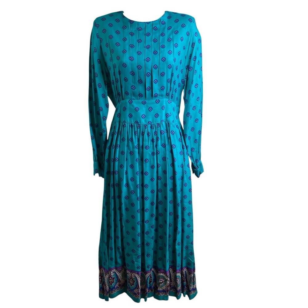 Vintage California Girl Teal Print Midi Dress Sz 12 Modest‎ Cottagecore Prairie